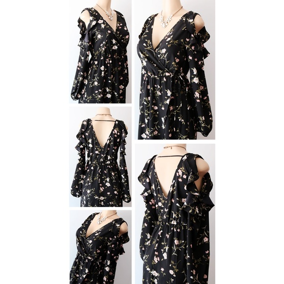 Last☝️ Floral Cold Ruffle Shoulder Wrap Midi Dress - Picture 3 of 8